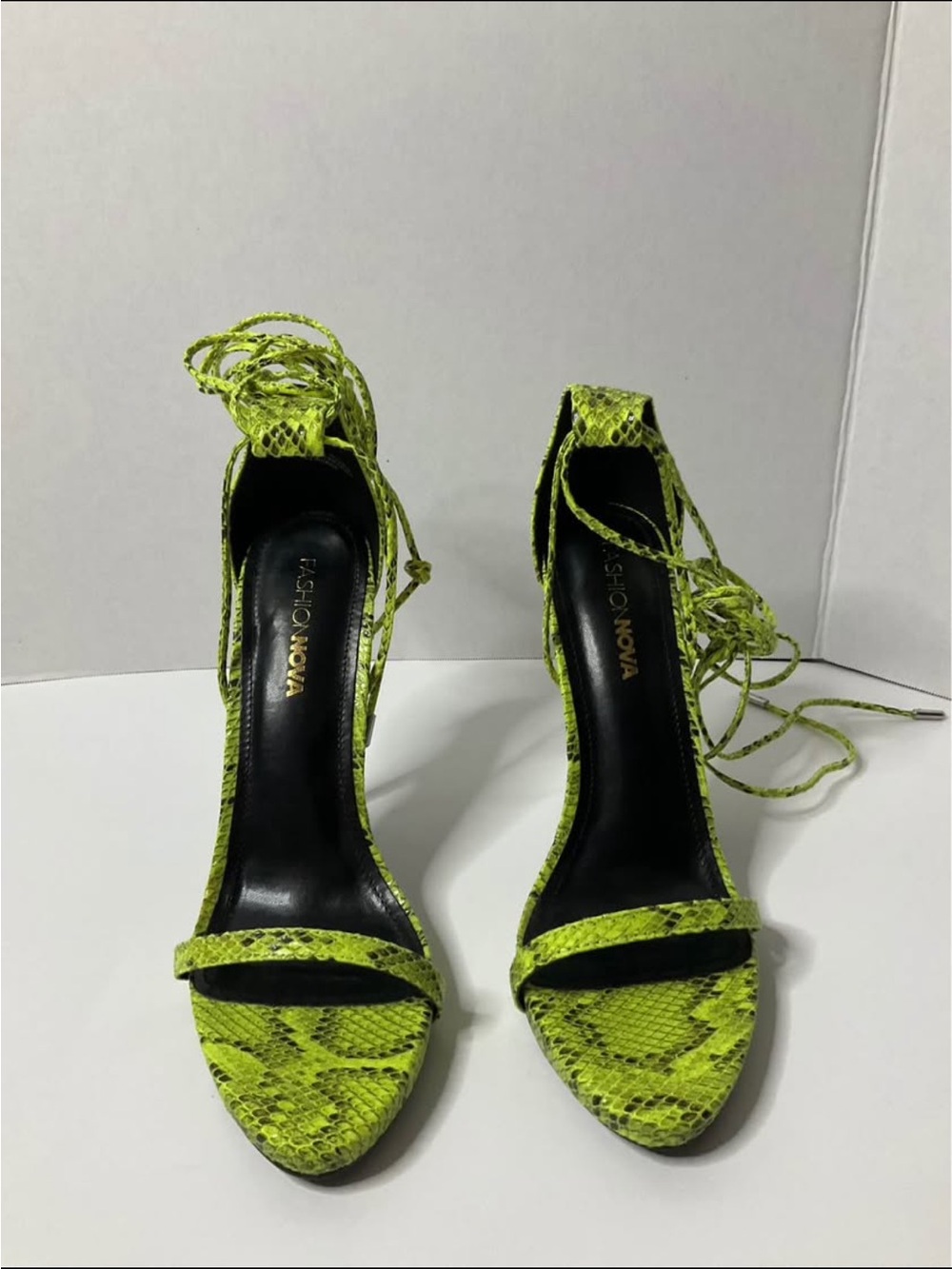 Fashion Nova Neon Green Snake-Print Lace-Up Stiletto Heels